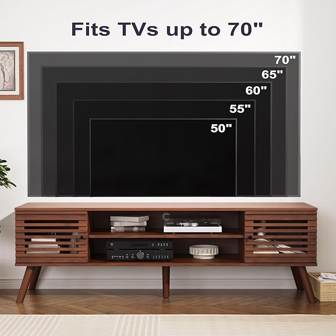 61" Mid Century Modern TV Stand for 50/55/60/70 inch TV, TV Media Console with Slatted Doors for TVs up to 70", Entertainment Center with Storage for Living Room, Bedroom, Walnut