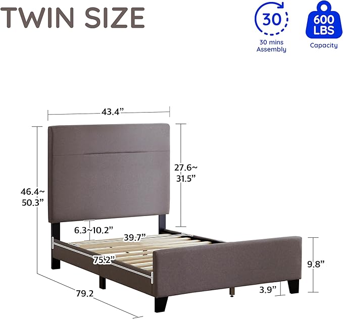 Livinia Amelia Twin Size Platform Bed, Fabric Upholstered Twin Bed Frame with Height Adjustable Headboard Footboard, Strong Wood Slats, No Box Spring Needed, Brown