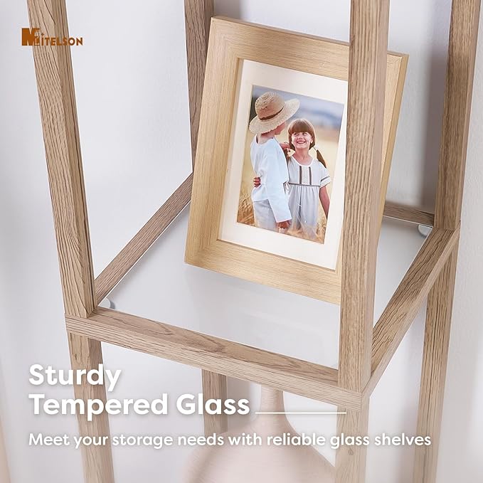 Floor Lamp with Shelves, Modern Shelf Lamps with LED Bulb, Corner Lamps with Glass Shelves, Display Shelf with Light, Standing Lamp for Living Room, Bedroom, Office-Rustic Wood