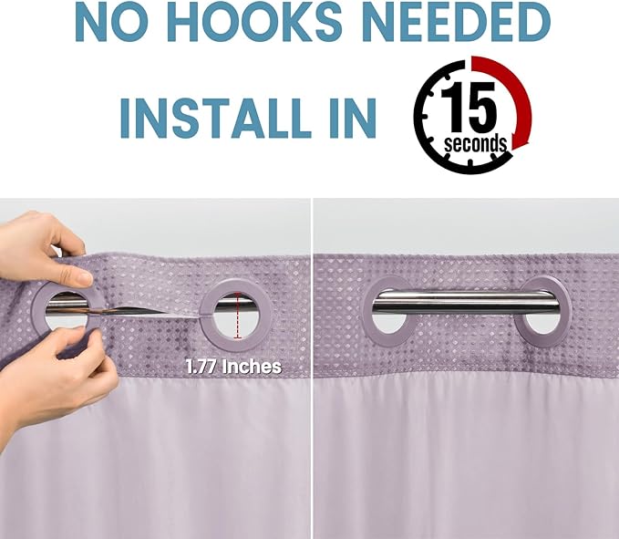 Lavender No Hook Shower Curtain with Snap in Liner,230GSM Waffle Weave Shower Curtains for Bathroom,71W x 74H