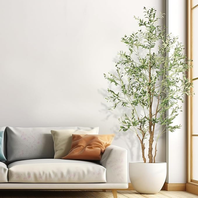 8.2ft Artificial Olive Tree (96in) with Plastic Nursery Pot Faux Olive Silk Tree, Fruits Fake Plant for Office House Farmhouse Living Room Home Decor (Indoor/Outdoor)