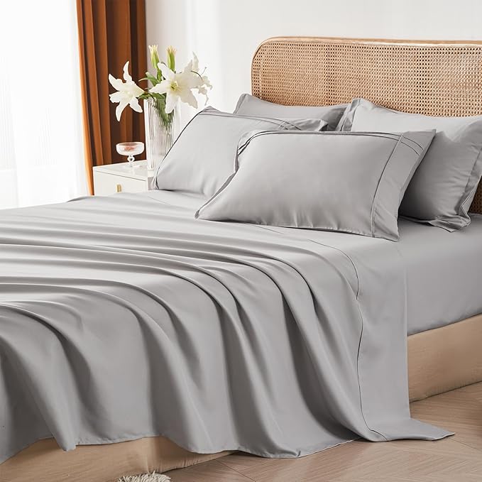 Yogeneg Queen Comforter Set 7 Piece Bed in a Bag,Grid Pinch Pleat Grey Bedding Set,Striped Textured Soft Microfiber Comforter with Sheet Set,All Season Complete Bed Set(Grey,Queen)