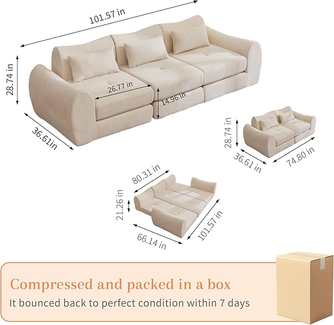 MAXMAXX 102" Modular Sectional Cloud Sofa,4-in-1 Folding Convertible Sofa Bed, Floor Boneless Couch, Modular Cushion Couch,Suitable for Living Room,Bedroom and Recreation Room (Beige)
