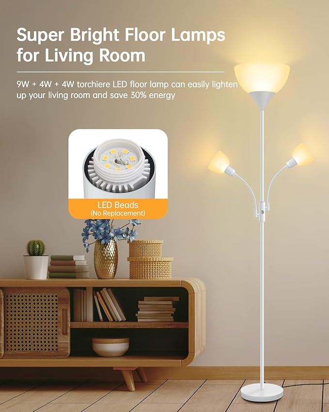 Floor Lamp Torchiere, Standing Lamp, 71" Tall Floor Lamps with Reading Light, 2700K LED Beads, 50,000hrs Lifespan, Rotary Switch, Plastic Lampshade, Bright Torch Lamps for Living Room Bedroom, White