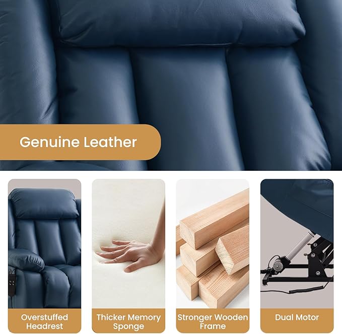 TEKAMON Power Lift Recliner Chair for Elderly with Heat & Massage, Dual Motor Genuine Leather Recliner, Lay Flat Sleeping Chairs with Infinite Position, RemoteControl(Deep Blue, Extended)