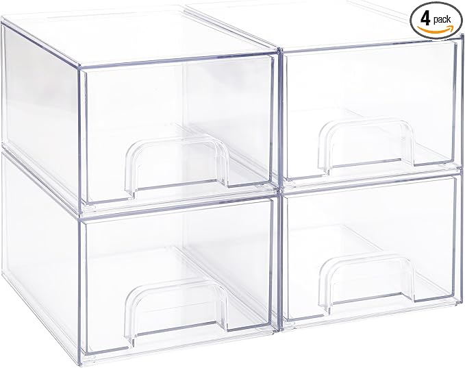 Sea Team 4-Pack Clear Makeup Organizer with Drawers, Acrylic Plastic Cosmetic Display Case, Jewelry Storage Box, Holder for Dresser, Bathroom, Vanity, Kitchen Cabinets, Pantry, Countertop