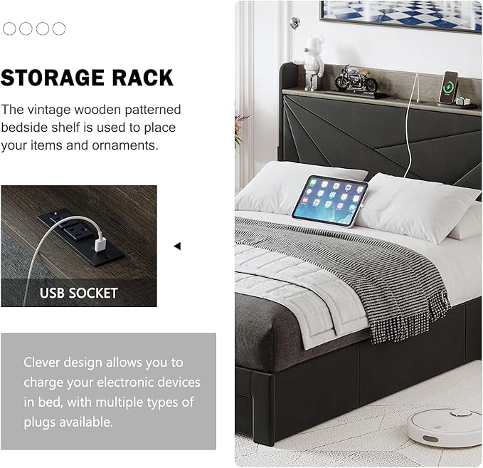 Bed Frame Full Size with 3 Drawers, Upholstered Full Size Bed Frame with Storage Headboard, AC USB & Type C Charge Station, Wooden Support Slats No Box Spring Needed Easy Assembly, Grey