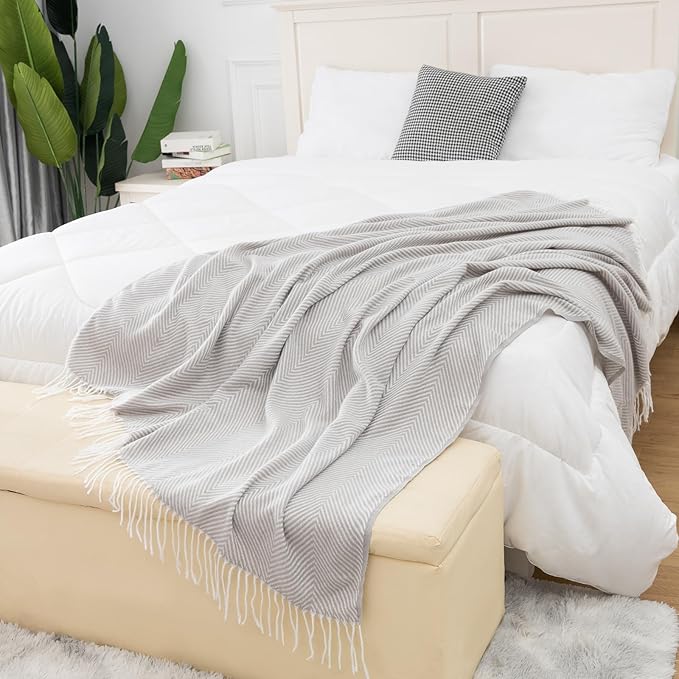 Gealaek Light Grey Throw Blanket Chevron Lightweight Fuzzy Soft Cozy Decorative Blankets for Sofa Bed Farmhouse Throw Blanket Grey with Fringe 50" x 60"