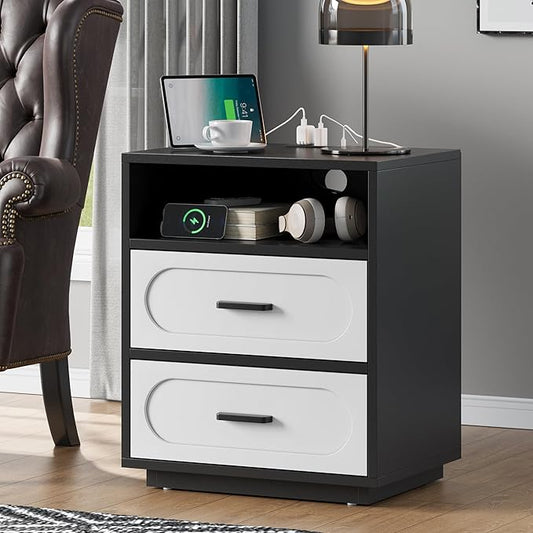 26" Tall Modern Nightstand with Charging Station, White End Table with 2 Drawers Storage, Space-Saving Wood Storage Cabinet with Unique Base Design, Bedside Table for Bedroom, Living Room