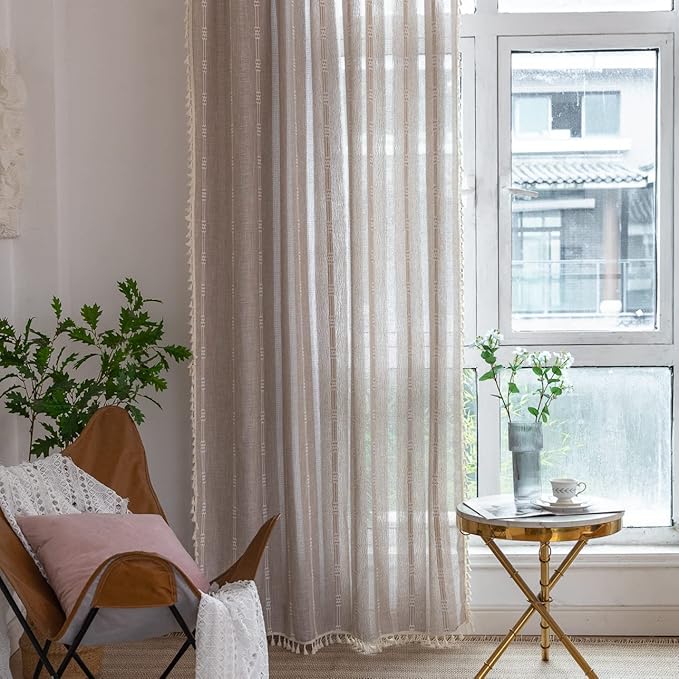 Linen Curtains 108'' Long for Living Room 2 Panels Set, Embroidery Curtains Tassel Boho Curtains for Bedroom Light Filtering Window Curtains Rod Pocket Drapes (52'' W x 108'' L,Khaki)