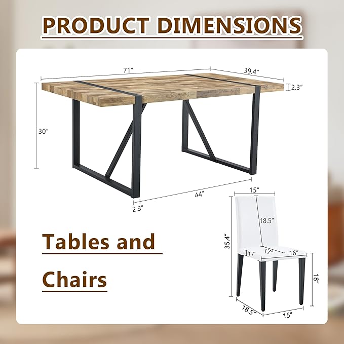 Dining Table Set for 6，Dinner Table Set for 6，71'' Kitchen Table and PU Leather Chairs Set of 6，6 Chair Dining Table Set for Kitchen Dining Room