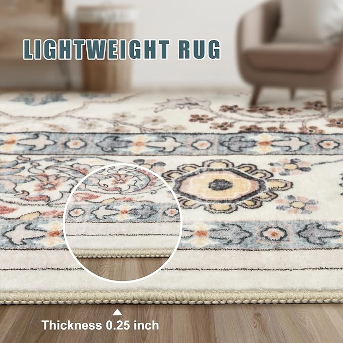 Area Rugs for Living Room: 9x12 Washable Rug Vintage Boho Floral Print - Ultra Thin Stain Resistant Large Soft Non Slip Foldable Carpets for Bedroom Dining Room Office Nursery - Multi