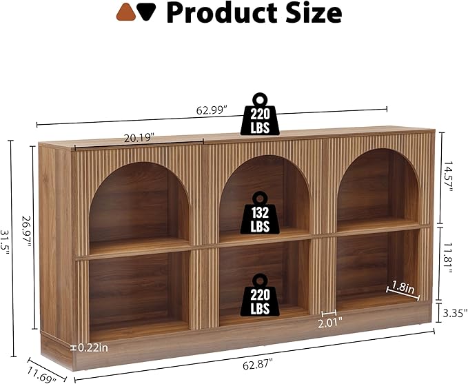 Console Table with 3-Tier Open Storage, 63" Arched Entryway Table with Carved Fluted Panels, Rectangular Wooden Sofa Table for Living Room, Hallway, or Behind Couch (1, Walnut)