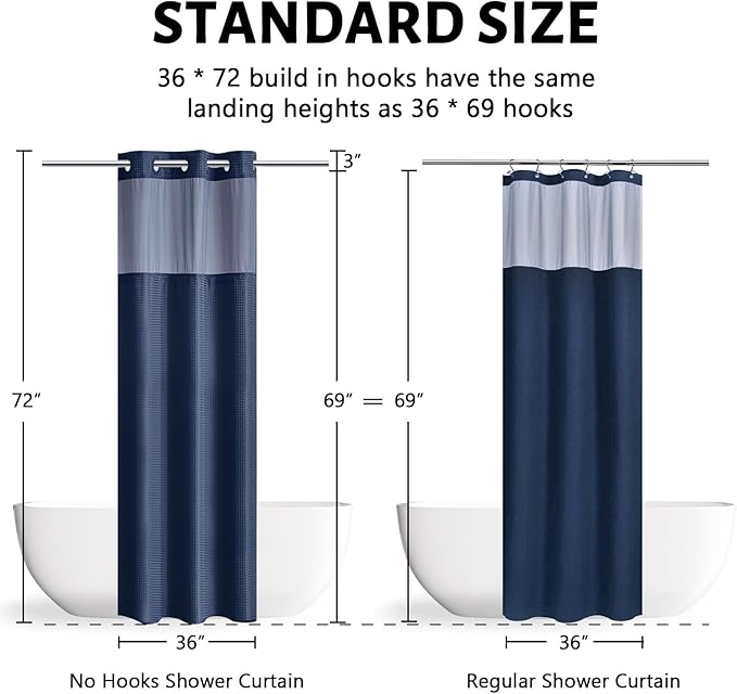 No Hook Waffle Weave Shower Curtain with Snap in Fabric Liner Set,Heavy Duty Textured Bathroom Curtain with See Through Window,Waterproof & Machine Washable,Navy Blue,Stall 36x72 Inch