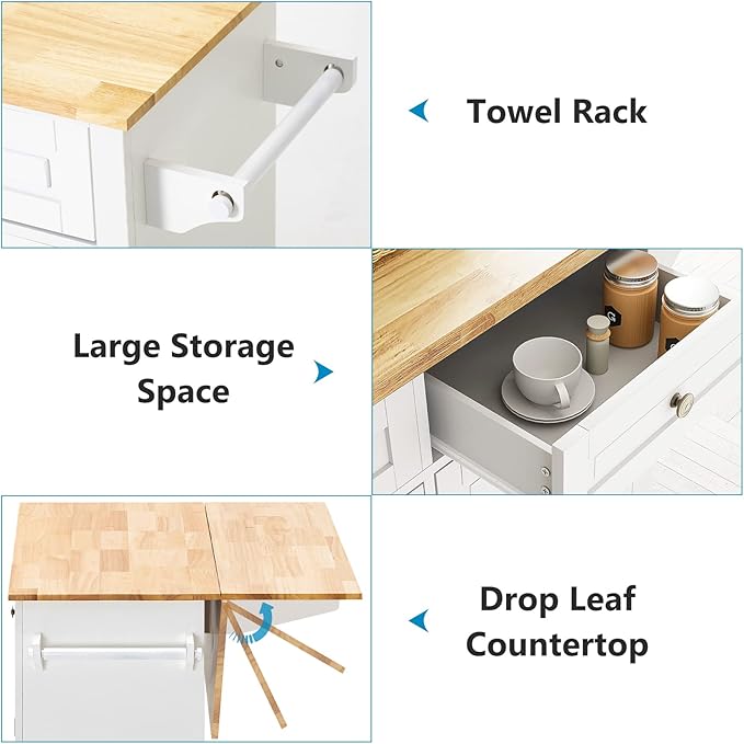 Rolling Kitchen Island with Drop Leaf – Movable Kitchen Carts on Wheels Island with Storage Cabinet, Island Table for Kitchen with Rubber Wood Top and Rack and Drawers, Matte, White