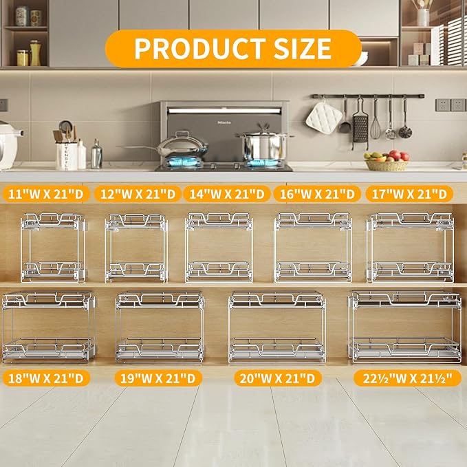 2-Tier Kitchen Cabinet Pull Out Cabinet Organizer,Shelf and Drawer Organizer Slide Out Pantry Storaqe Basket in Multiple Sizes (17" W x 21" D)