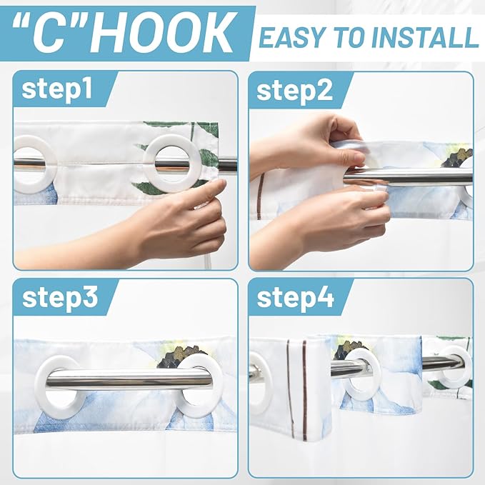 No Hook Shower Curtain with Snap in Liner - Floral Shower Curtain - Fabric Waterproof Inner Liner, Plants Watercolor Navy Blue Modern Cloth Shower Curtains - Machine Washable, 71 x 74