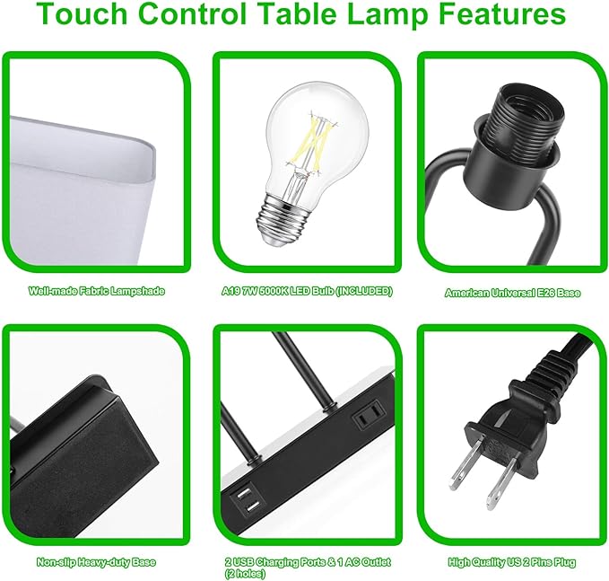 Bedside Touch Control Table Lamp with Dual USB Charging Ports 1 AC Outlet, 3 Way Dimmable Modern Nightstand Lamp with Grey Fabric Shade, Desk Lamp for Bedroom Living Room Office with 5000K LED Bulb