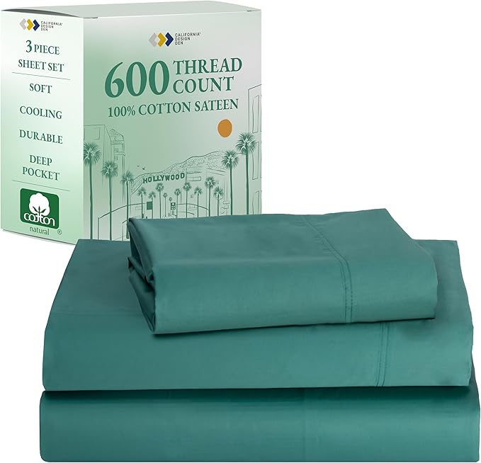California Design Den Cooling Sheets Twin Size Set - Luxury 600 Thread Count 100% Cotton, Sateen Weave, Deep Pocket Twin Cotton Sheets Sets, Hotel Quality Bedding,Cool Sheets for Hot Sleepers - Teal