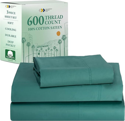 California Design Den Twin XL Bed Sheets Cotton Set - Luxury 600 Thread Count Sateen, 100% Cotton Sheet Set with Deep Pockets, Soft Hotel-Quality Bedding - Teal Sheets