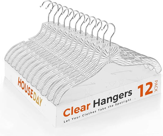 HOUSE DAY Clear Plastic Hangers 12 Pack, Durable Crystal Hangers for Clothes, Light Weight Plastic Dress Hanger for Women, Versatile 16.7‘’ Hanger for Closet and Retail Use, with 360° Swivel Hook