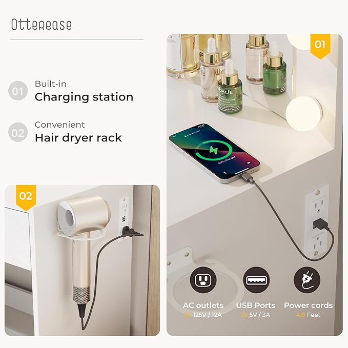 Vanity Desk with LED Lighted Mirror&Power Outlet, 3 Lighting Colors Makeup Vanity Desk with 5 Large Drawers and 3 Storage Shelves, White Vanity with Storage Stool for Bedroom