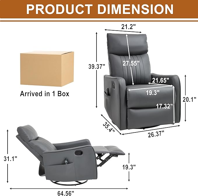 Manual Swivel Rocker Recliner Chair for Adults, Overstuffed Recliner Glider with Massage and Heat, Living Room Reclining Chair, PU Leather Gray