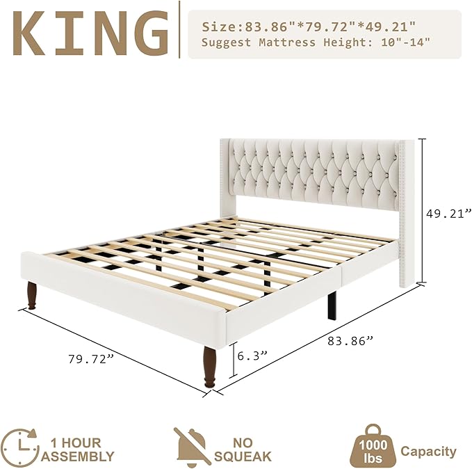 King Size Velvet Upholstered Bed Frame, 49.2" Tall Wingback Headboard, Deep Button Tufted, No Box Spring Needed, Solid Wood Legs, White