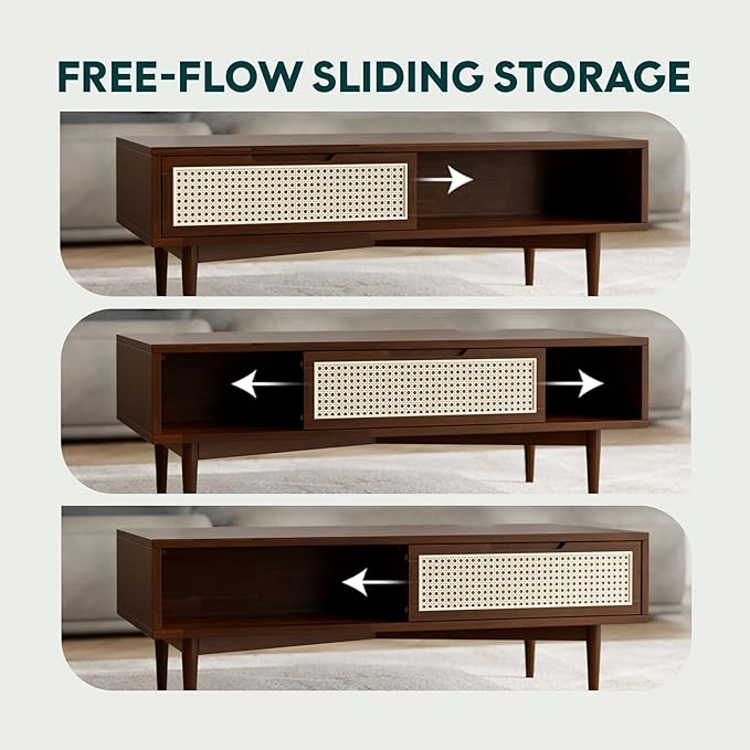 Bme Oliver Coffee Table, Mid Century Modern Coffee Table, Side Table with Storage, 2 Drawers & Open Compartments, Solid Wood Legs with Adjustable Levelers, Rattan Accent for Living Room, Walnut