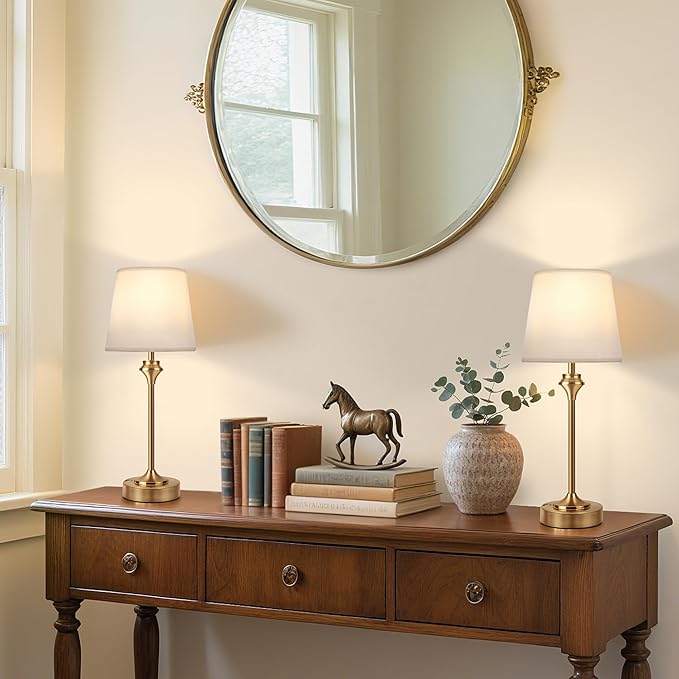 NIORSUN Portables Cordless Table Lamp Set of 2, Battery Operated Lamp, Bedside Table Lamp with Warm White,3 Way Dimmable Touch Desk Lamp for Bedroom Living Room Restaurant Whtie Shade (Gold)