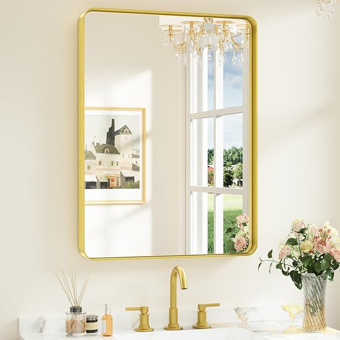 Keonjinn Gold Bathroom Mirrors for Vanity, 24 x 32 Inch Rounded Rectangle Gold Mirror for Wall, Brushed Brass Mirror with Metal Frame, HD Tempered Glass, Modern Gold Framed Mirror(Horizontal/Vertical)