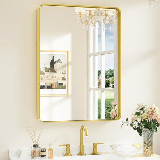 Keonjinn Gold Bathroom Mirrors for Vanity, 24 x 32 Inch Rounded Rectangle Gold Mirror for Wall, Brushed Brass Mirror with Metal Frame, HD Tempered Glass, Modern Gold Framed Mirror(Horizontal/Vertical)