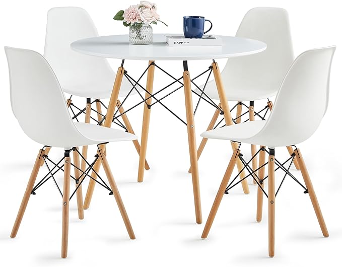 Round Dining Table Set for 4 35.5" Wood Dinner Table Circle Dining Room Table Kitchen Table Chairs Set of 4 with Wood Strip Base for Kitchen Living Room Space Saving Apartment(White)