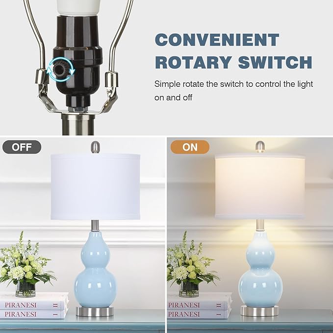 Double Gourd Ceramic Table Lamps Set of 2, Modern Blue Bedside Lamps for Night Stand, Contemporary Nightstand Lamps for Bedroom Living Room (Bulb Included)