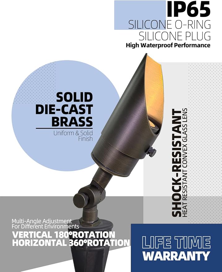 MALORY Brass Landscape Spotlight 10-Pack with MR16 Bulb Kit(S04), Low Voltage 12V AC/DC Shroud Adjustable Outside Yard Lights,PVC Ground Stake and Wire Connector Included, 5W 2700K Warm White
