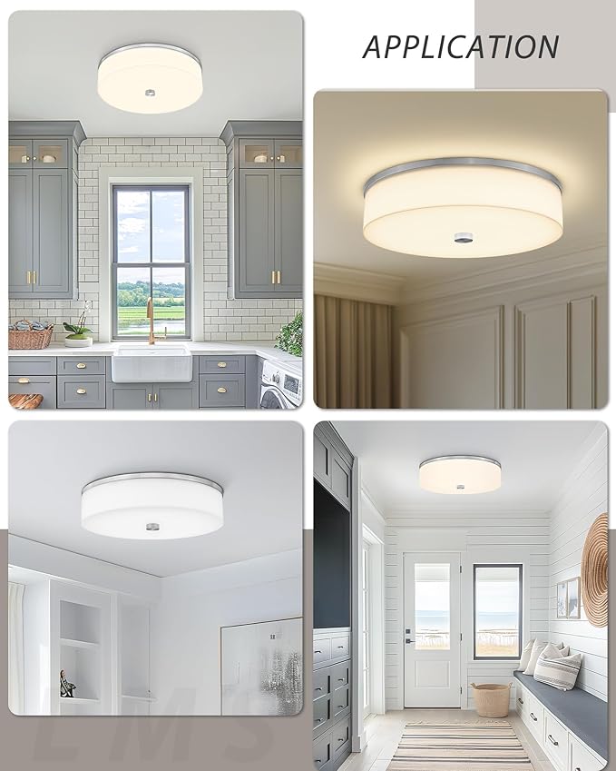 LMS Modern Flush Mount Ceiling Light, 16" Large Light Fixtures Ceiling in Brushed Nickel, 2- Light Flush Mount Light Fixture with Drum White Acrylic Shade, Dimmable, LMS-030