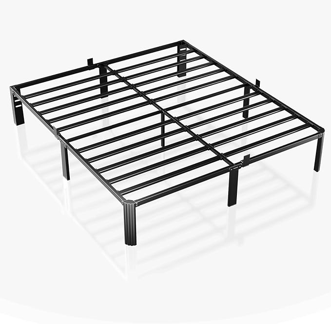 14 inch King Size Bed Frame Metal Platform No Box Spring Needed with Headboard Hole Round Corner Legs Mattress Stoppers Retainers 3500LBS Queen Bed Frames Heavy Duty Steel Slats Noise-Free