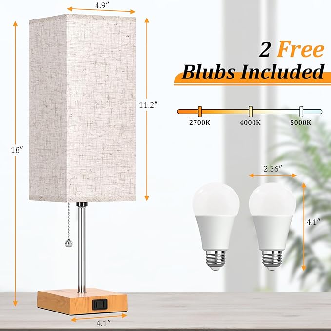 Table Lamp for Bedroom set of 2,3-Color Bedside Lamps with Pull Chain Table Lamps for Nightstand with AC Outlets,18'' Night Light Lamps with 2 Bulbs Lamps for Living Room Kids Room Office Decor（Wood）