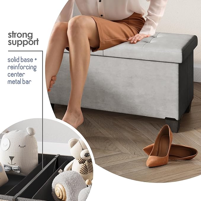STORAGEBUD Storage Ottoman Bench with Bins, 43-in Storage Bench for Bedroom End of Bed, Folding Foot Rest Ottoman for Living Room Max 660lbs, Velvet Ottomans, Light Grey