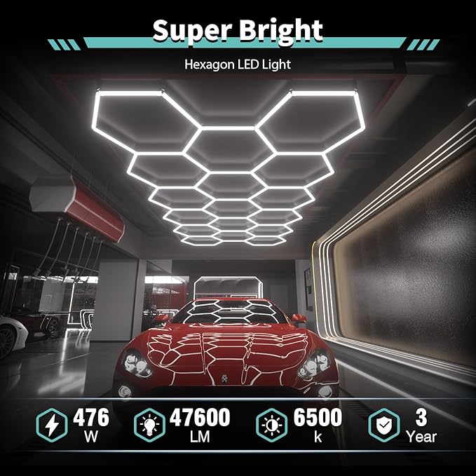 Hexagon Garage Lights: 476W 69 Pack 17 Grids LED Garage Lights - Easy Install 6500K Super Bright Honeycomb Light for Warehouse, Car Detailing Shop, Exhibition Hall, Gym
