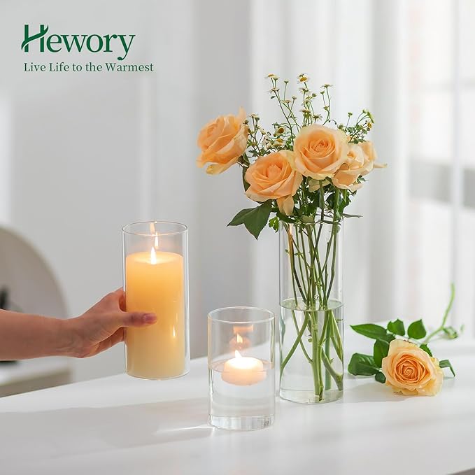 Glass Cylinder Vases Set of 24, Hewory Tall Clear Vase for Centerpieces, Glass Hurricane Candle Holders for Pillar or Floating Candles, Round Vases for Wedding Anniversary Events Table Decor, 3.3in