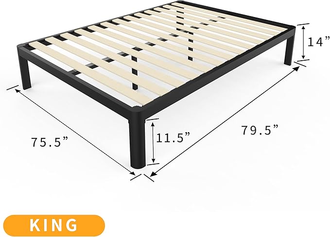 MAF 14 Inch King Platform Bed Frames with Wooden Slats, Black 3500 Lbs Heavy Duty Metal Bed Frame with Anti-Collision Round Legs, No Box Spring Needed, Easy Assembly