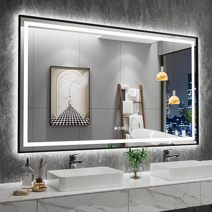 Amorho 60" X36" LED Bathroom Mirror Framed, Front Light and Backlit, Stepless Dimmable, Anti-Fog, Shatter-Proof, Memory, 3 Colors, Double LED Vanity Mirror