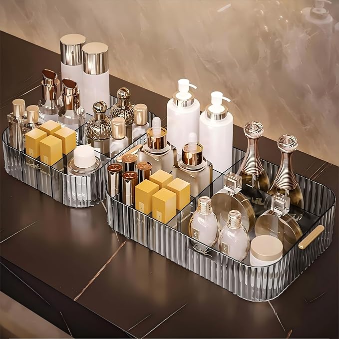 DASITON Large Capacity Makeup Organizer,12 Slots Makeup Brush Holder,Makeup Storage with Handle,Vintage Striped Cosmetic Organizer for Bathroom Countertops,Desk Storage Container(Grey)