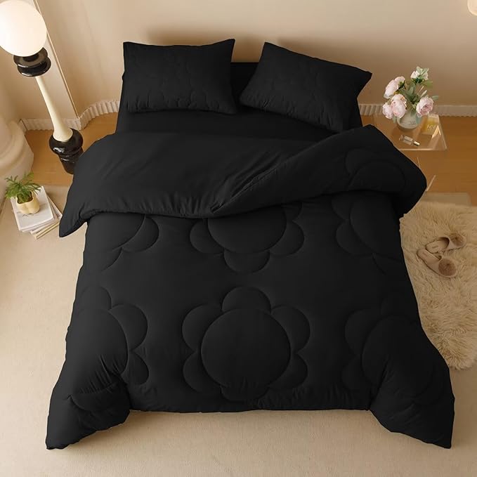 Luxlovery Black Sunflower Comforter Set Queen All Black Bedding Set Queen Size Big Flower Botanical Bohemian Farmhouse Comforter Set Women Men