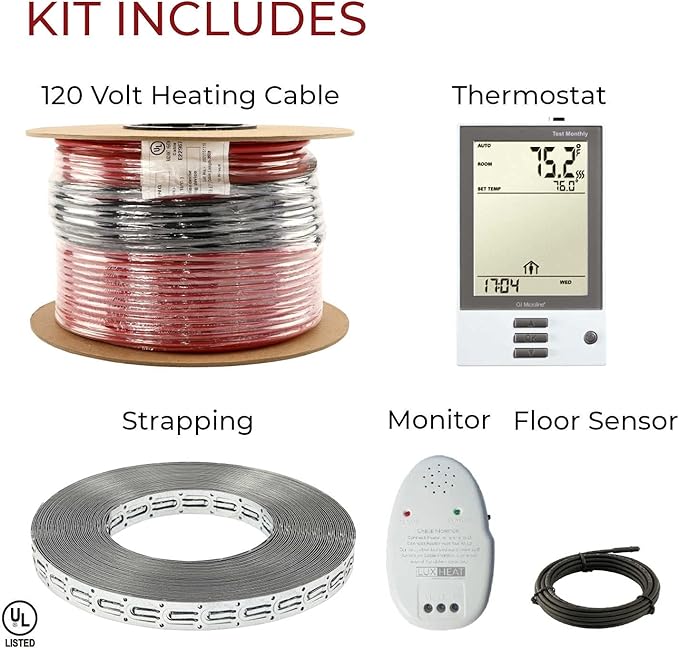 70sqft Floor Heating Cable Kit - 120v Underfloor Heating System for Tile - Heated Flooring System - Includes UDG Programmable Thermostat w/GFCI, Heated Floor Cable, Strapping, Sensor & Alarm