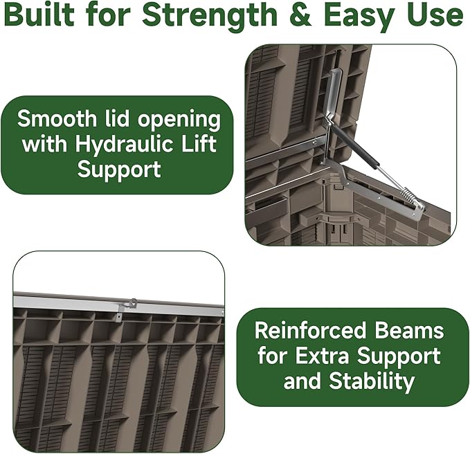 260 Gallon Outdoor Storage Box Waterproof, UV Resistant Resin Deck Box with Hydraulic Rod, Reinforced Stability for Patio, Garden, Rattan Gray