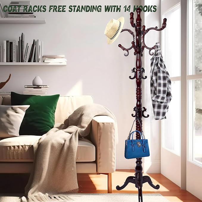 73" Wooden Coat Rack Stand,Coat Racks Freestanding With 14 Hooks And Solid Round Base Heavy Duty Adjustable Height Hall Tree Coat Rack for Entryway Hallway Foyer Office Bedroomf (3-Legged Redwood)