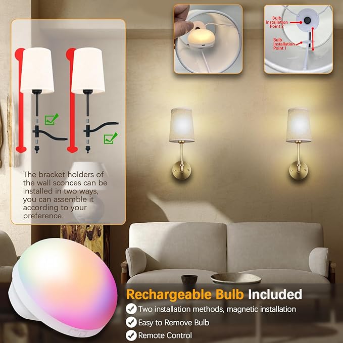 Battery Operated Wall Sconces Set of 2, Gold Rechargeable Wall Lights with 15 RGB Dimmable Detachable Bulbs and Remote, Wireless Battery Powered LED Wall Lamp for Living Room Bedroom