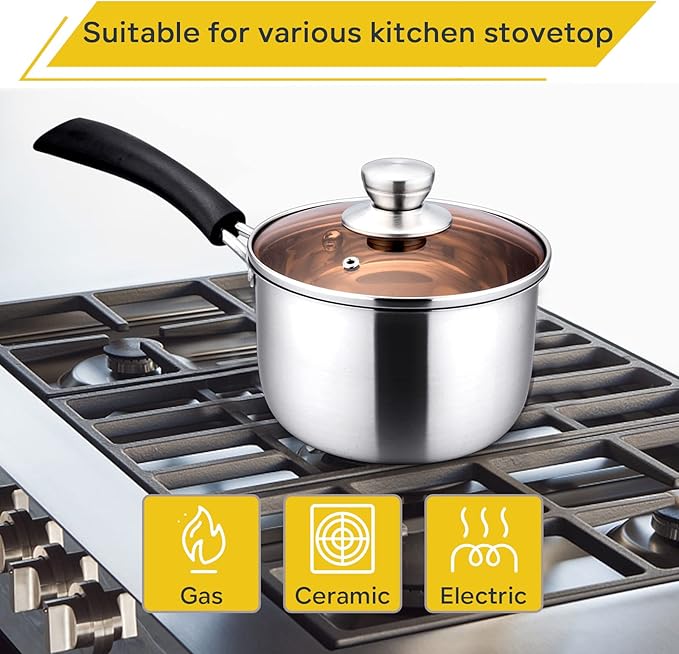E-far 1 Quart Saucepan with Lid, Stainless Steel Small Sauce Pot with Glass Lid for Cooking, Easy Clean & Rust Free, Dishwasher Safe